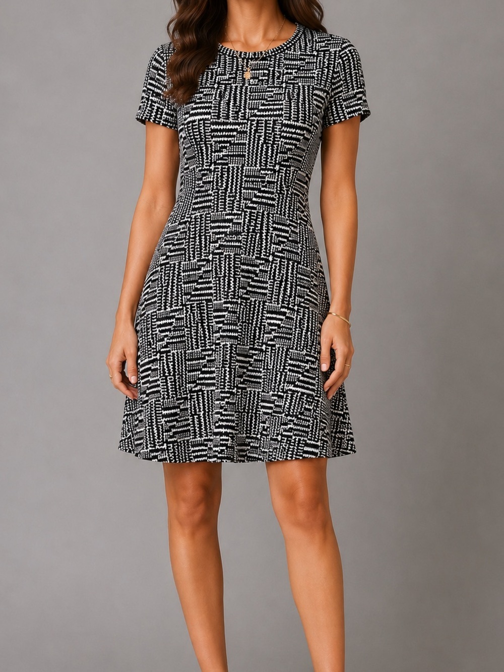 Zara Geometric Knit Mini Dress Black White Short Sleeve Fit Flare